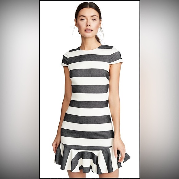 Alice + Olivia Fantine Ruffled Stripe Cap Sleeve Flare Mini Dress - Picture 1 of 14